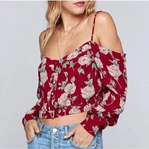 New Flynn Skye Martha Crop Top Womens L Red Rose Rayon Off Shoulder Long Sleeve